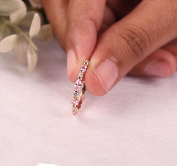 14k Rose Gold Pink Sapphire Engagement Band, Moissanite Wedding Band, Full Eternity Ring