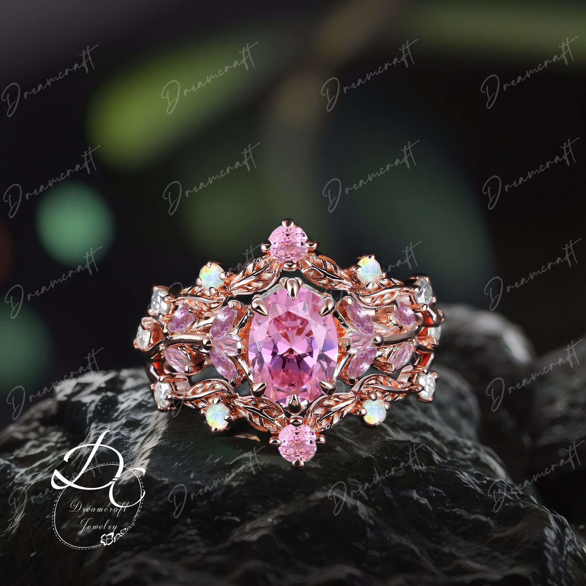 3pcs Vintage Oval Pink Sapphire Engagement Ring Sets Nature Inspired Cluster Promise Ring Rose Gold Art Deco Leaf Pink Gemstone Branch Ring 3pcs Vintage Oval Pink Sapphire Engagement Ring Sets Nature Inspired Cluster Promise Ring Rose Gold Art Deco Leaf Pink Gemstone Branch Ring