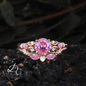 Art Deco Ring Rose Gold Pink Sapphire Engagement Ring Sets Cluster Promise Ring Gemstone Sep Birthstone Bridal Set Jewelry Gift Women