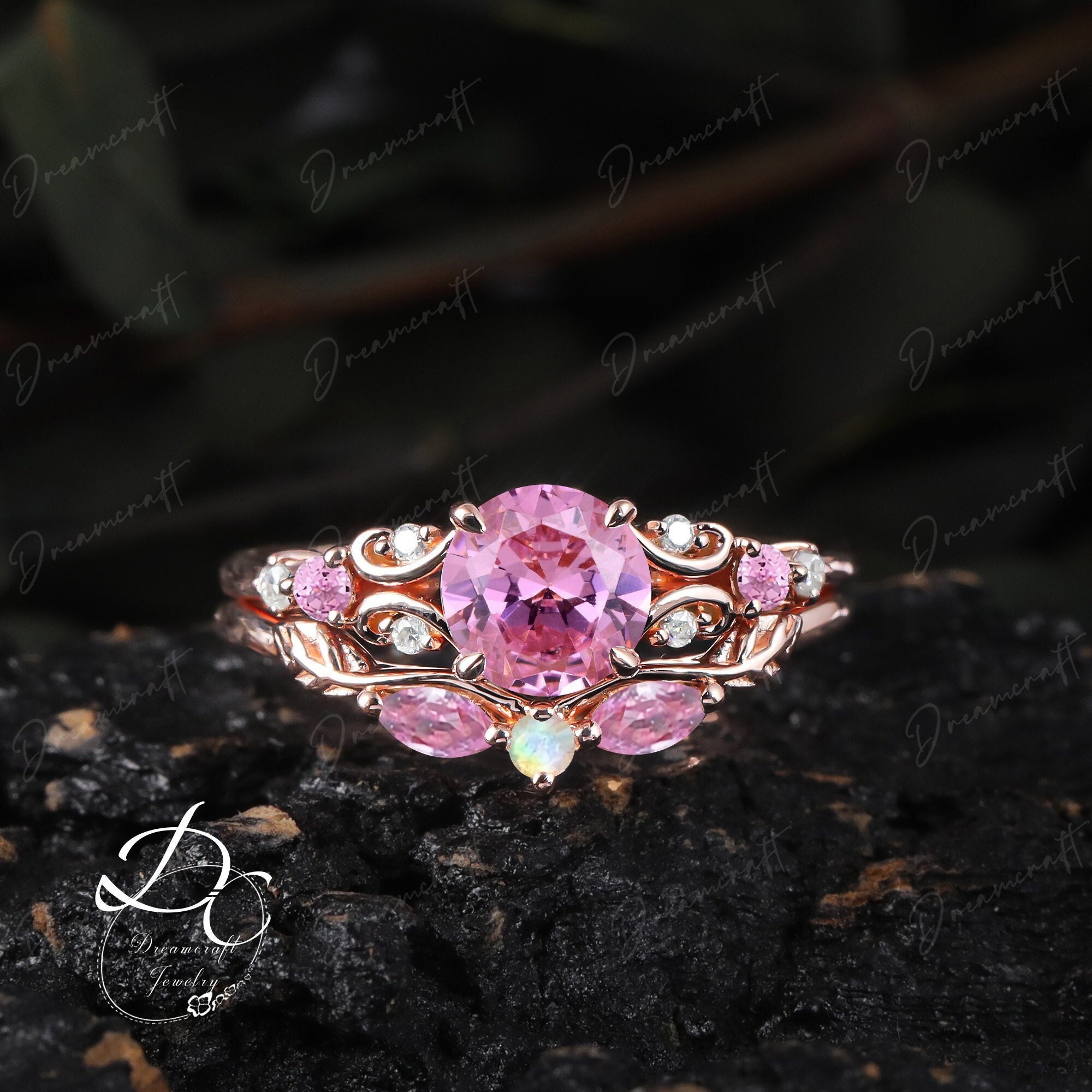 Art Deco Ring Rose Gold Pink Sapphire Engagement Ring Sets Cluster Promise Ring Gemstone Sep Birthstone Bridal Set Jewelry Gift Women