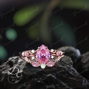 Art Deco Ring Rose Gold Pear Pink Sapphire Engagement Ring Sets Cluster Promise Ring Gemstone Sep Birthstone Bridal Set Jewelry Gift Women