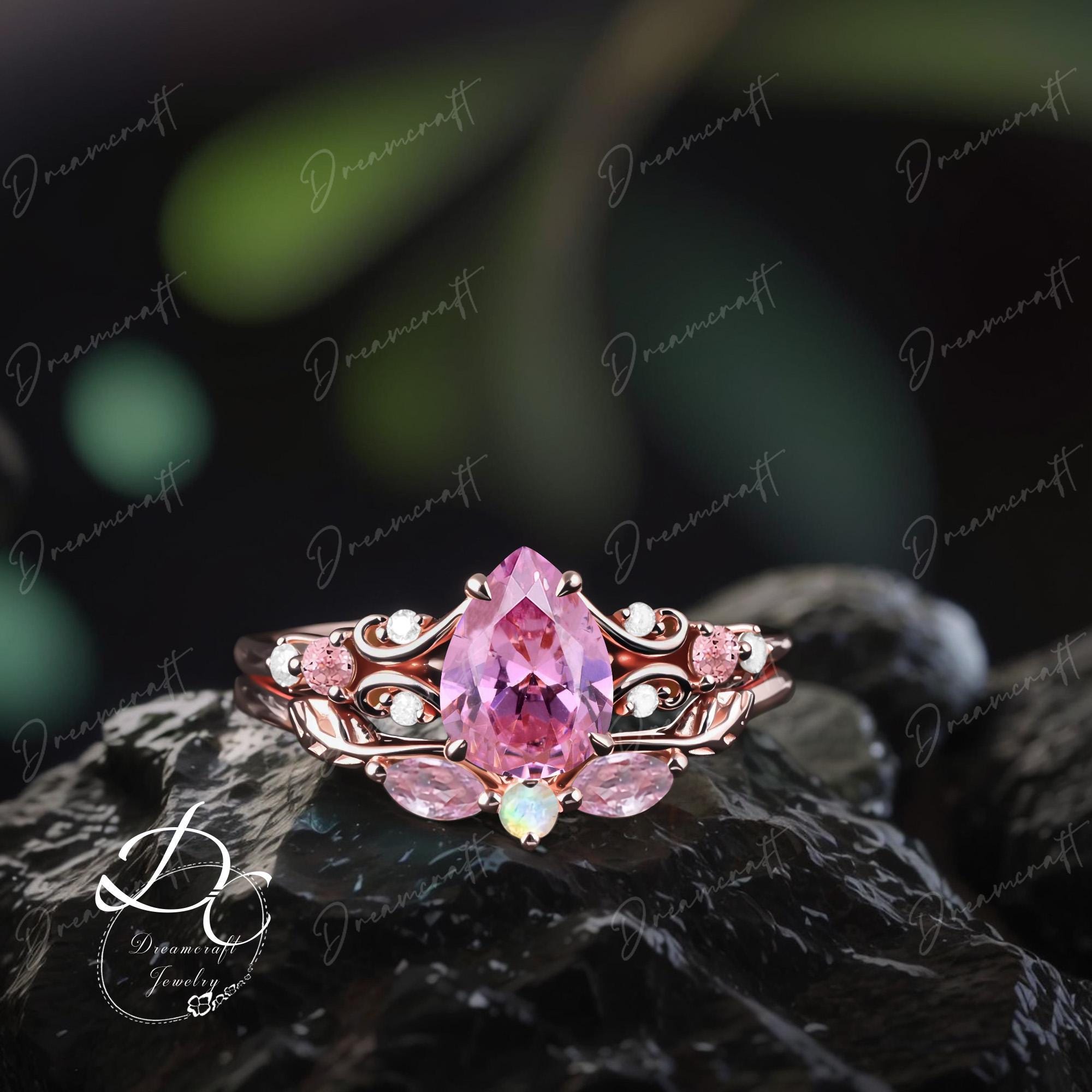 Art Deco Ring Rose Gold Pear Pink Sapphire Engagement Ring Sets Cluster Promise Ring Gemstone Sep Birthstone Bridal Set Jewelry Gift Women Art Deco Ring Rose Gold Pear Pink Sapphire Engagement Ring Sets Cluster Promise Ring Gemstone Sep Birthstone Bridal Set Jewelry Gift Women