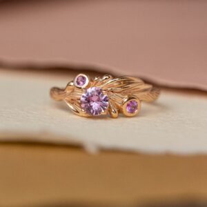 Pink Sapphire Branch Engagement Ring, Leaf Wedding Band Pink Sapphire Branch Engagement Ring, Leaf Wedding Band