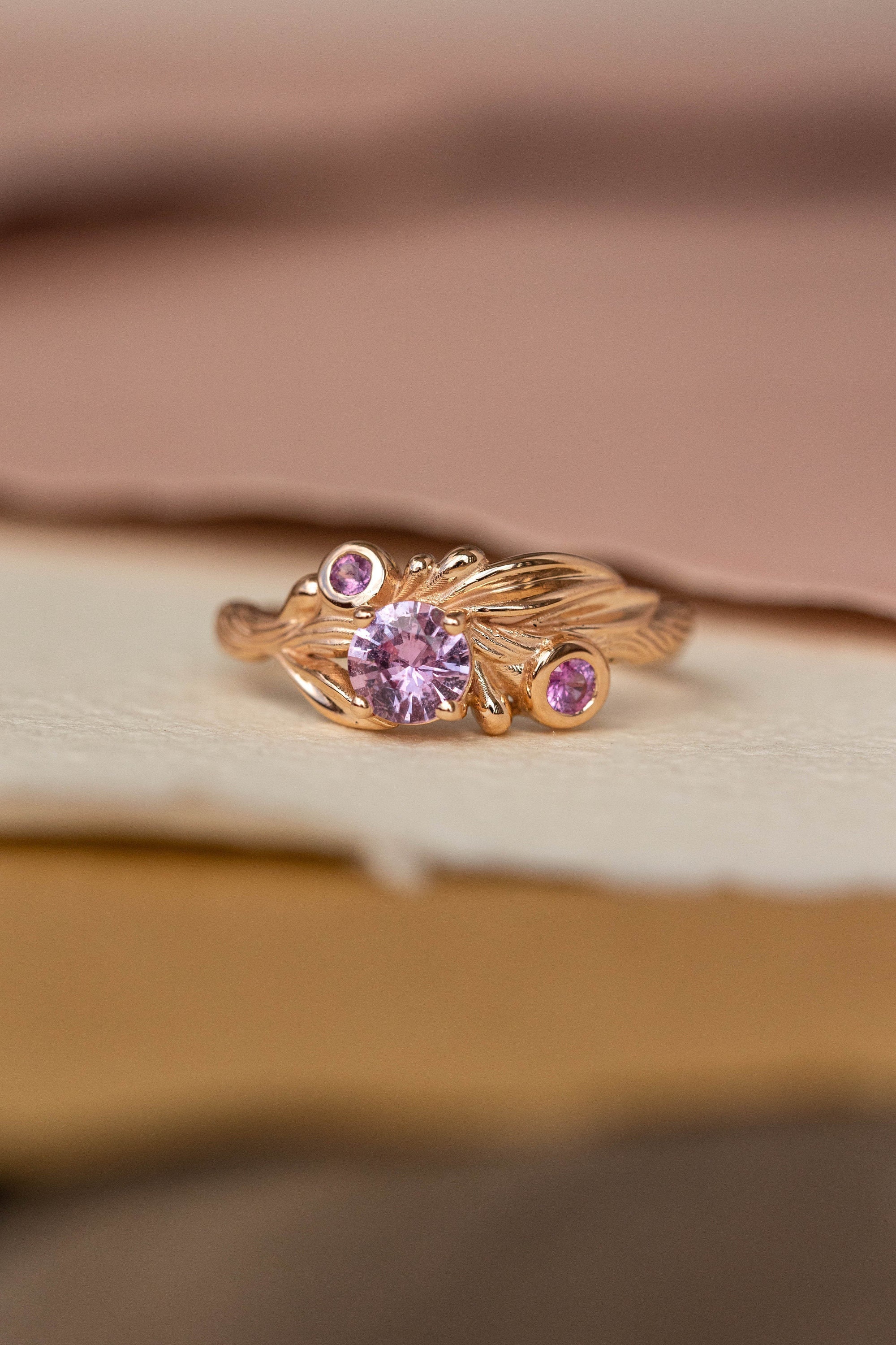 Pink Sapphire Branch Engagement Ring, Leaf Wedding Band