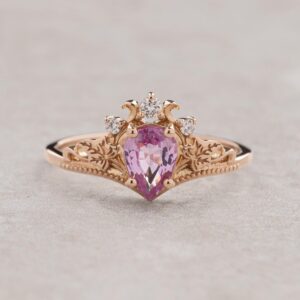 Delicate Pink Sapphire And Golden Leaves Engagement Ring