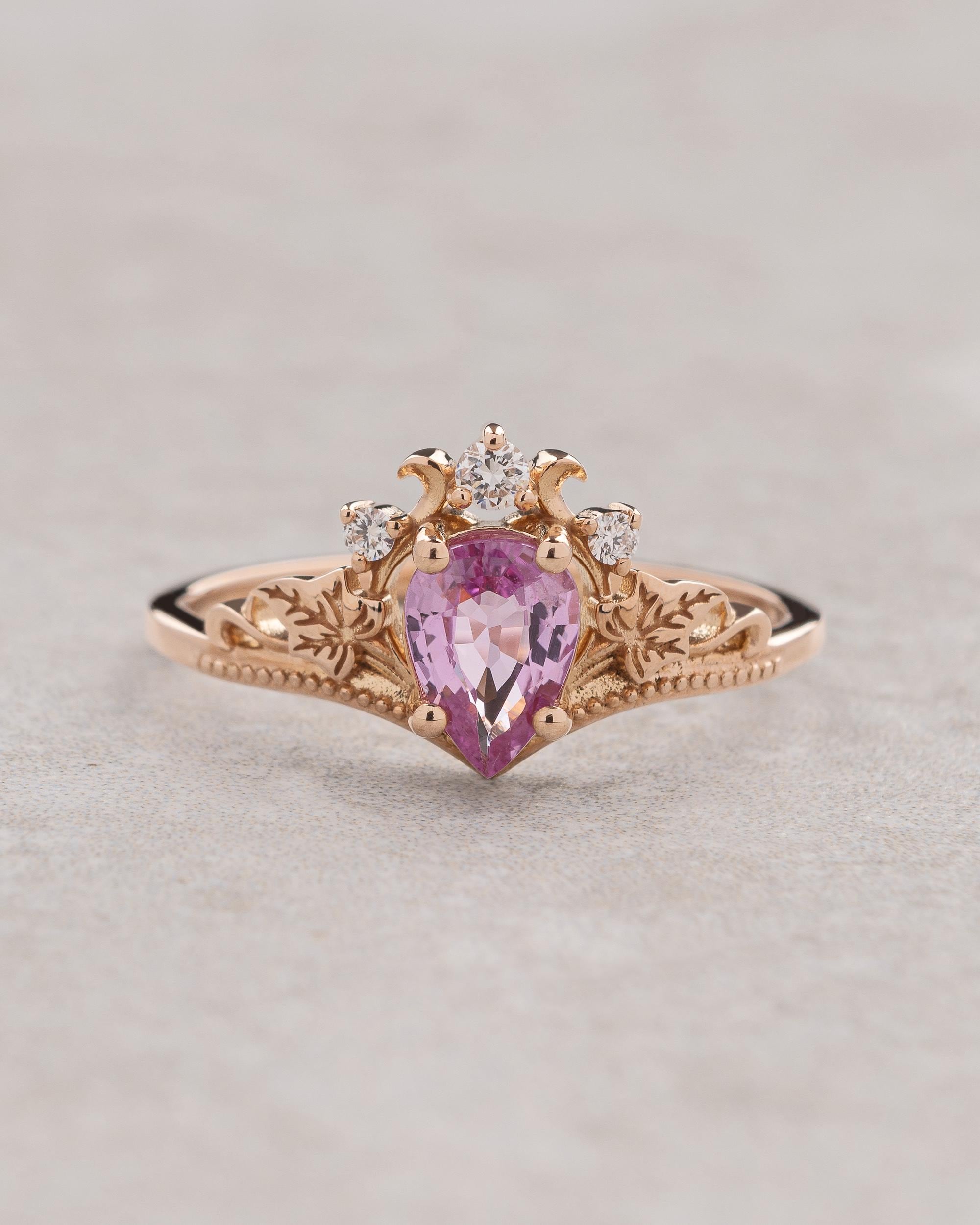 Delicate Pink Sapphire And Golden Leaves Engagement Ring