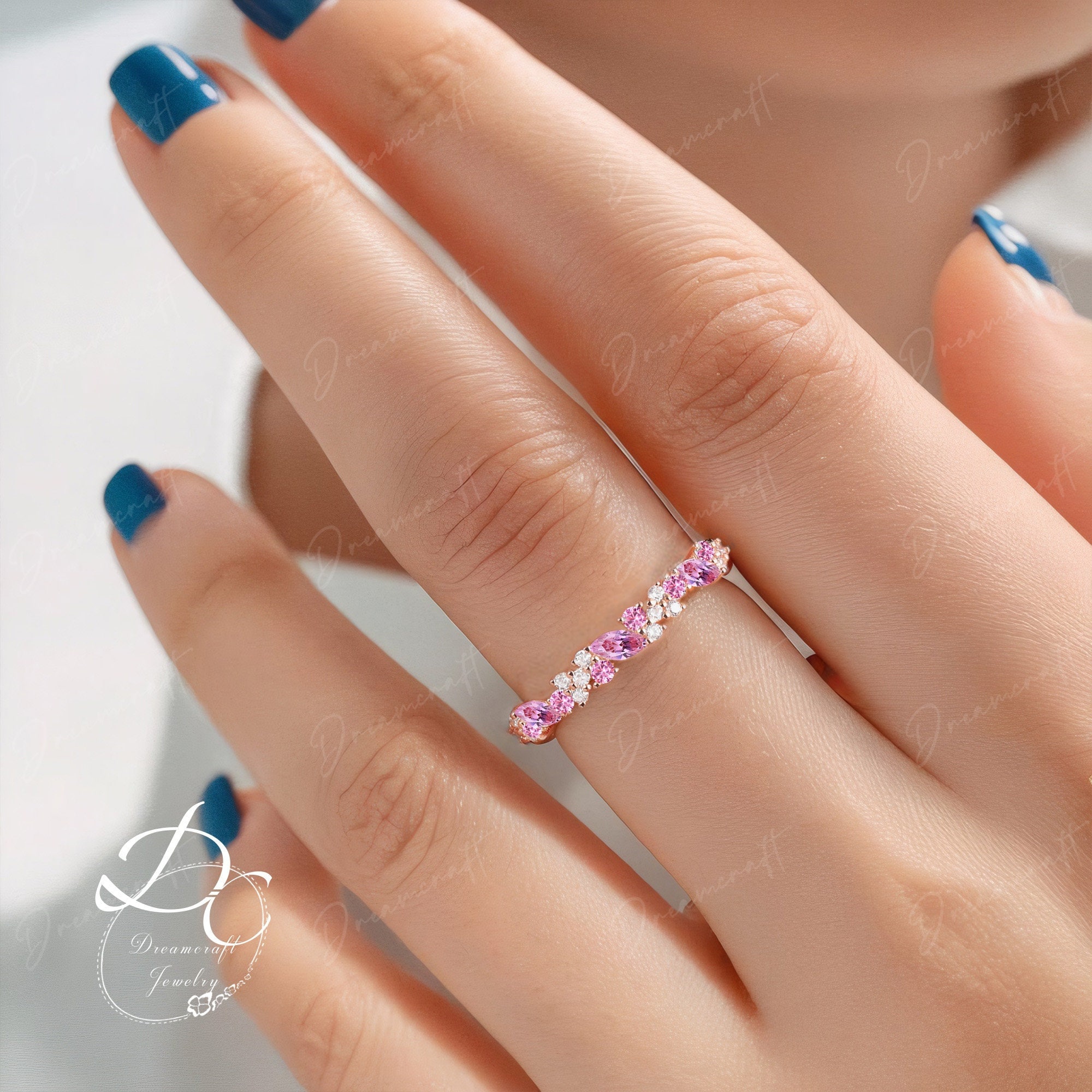 Pink Sapphire Diamond Wedding Ring Rose Gold Wedding Band Half Eternity Marquise Moissanite Matching Stacking Band Unique Anniversary Gifts