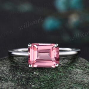 East To West Emerald Cut Papalacha Pink Sapphire Engagement Ring Women Solid 14k White Gold Solitaire Pink Gemstone Anniversary Ring Gift
