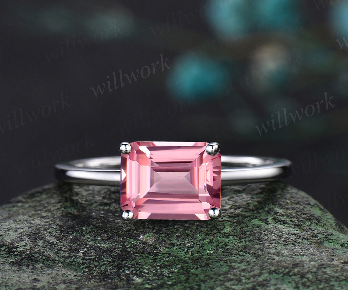 East To West Emerald Cut Papalacha Pink Sapphire Engagement Ring Women Solid 14k White Gold Solitaire Pink Gemstone Anniversary Ring Gift