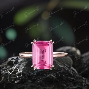 Emerald Cut Pink Sapphire Engagement Ring 4ct Solid Rose Gold Promise Ring Solitaire Ring Double Prongs Statement Ring Pink Gem Ring Women