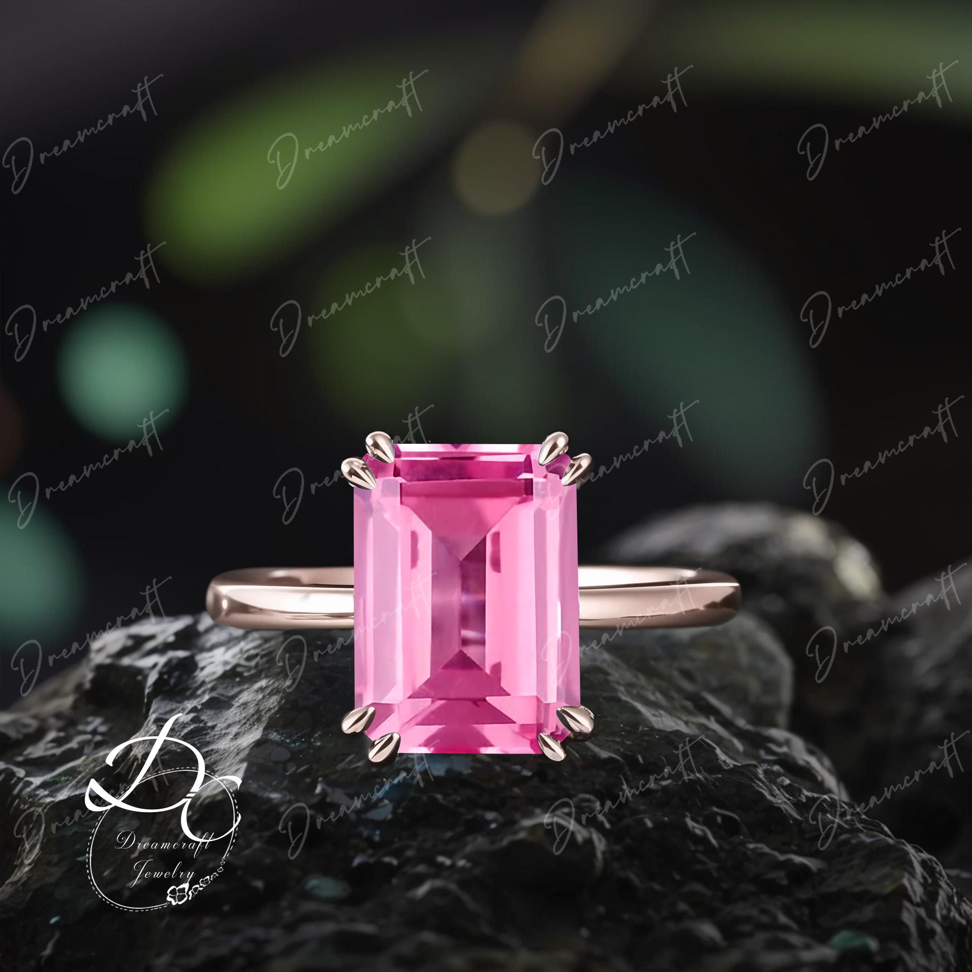 Emerald Cut Pink Sapphire Engagement Ring 4ct Solid Rose Gold Promise Ring Solitaire Ring Double Prongs Statement Ring Pink Gem Ring Women