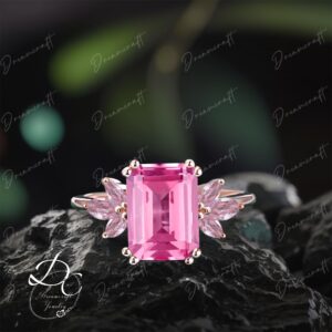Pink Sapphire Engagement Ring 4ct Emerald Cut Vintage Rose Gold Engagement Cluster Ring Pink Gemstone Bridal Ring Promise Ring Anniversary