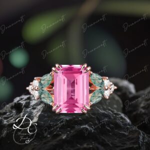 Pink Sapphire Engagement Ring 4ct Emerald Cut Rose Gold Engagement Ring Cluster Ring Sep Brithstone Bridal Promise Ring Anniversary Gift