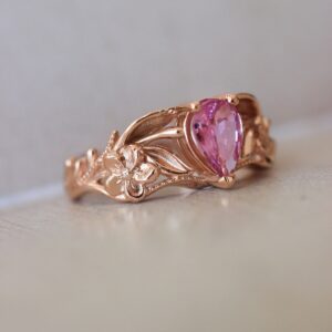 Pink Sapphire Engagement Ring, Art Nouveau Flower Ring