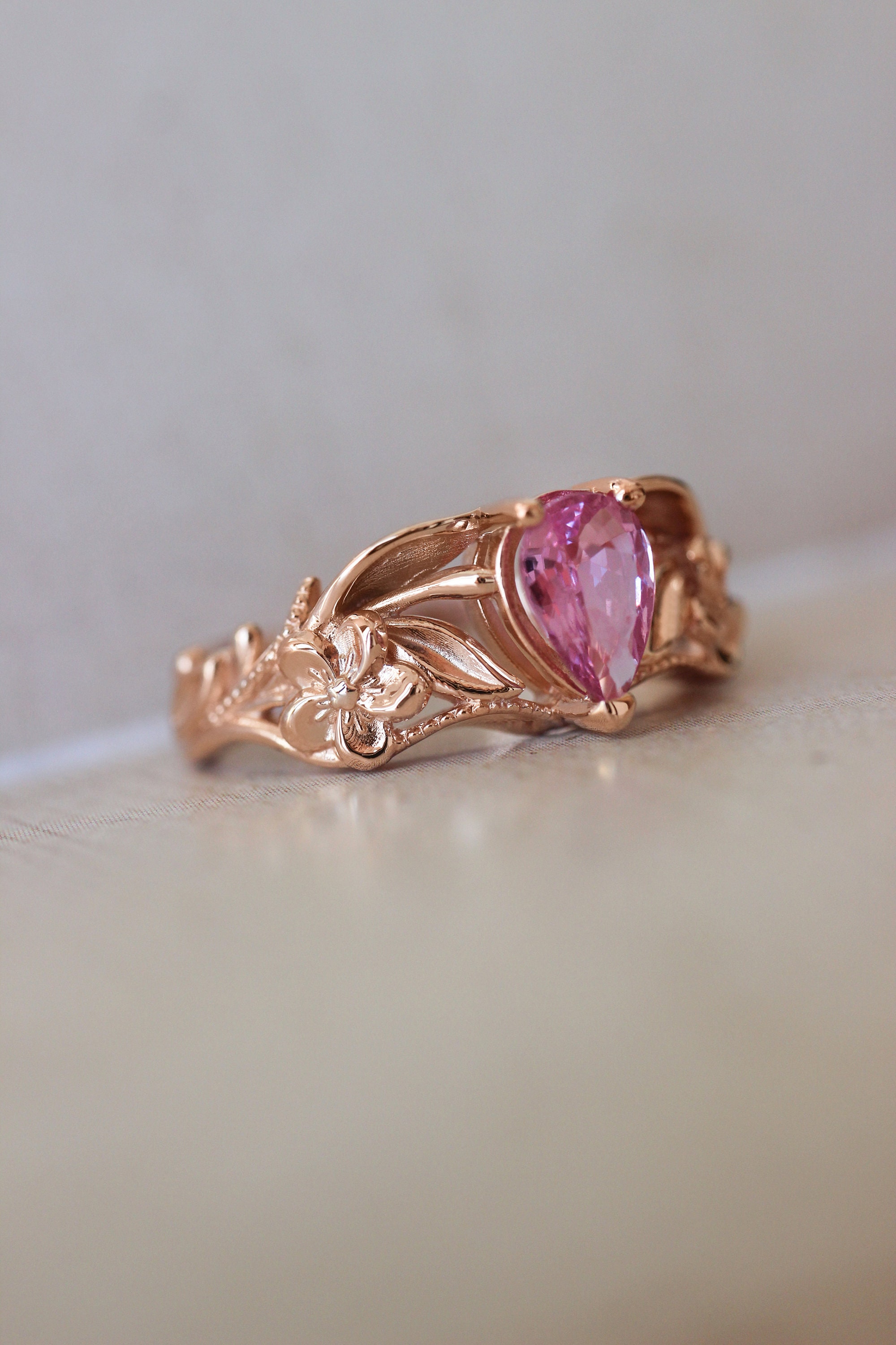 Pink Sapphire Engagement Ring, Art Nouveau Flower Ring