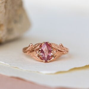 Pink Sapphire Engagement Ring, Gold Nature Inspired Ring