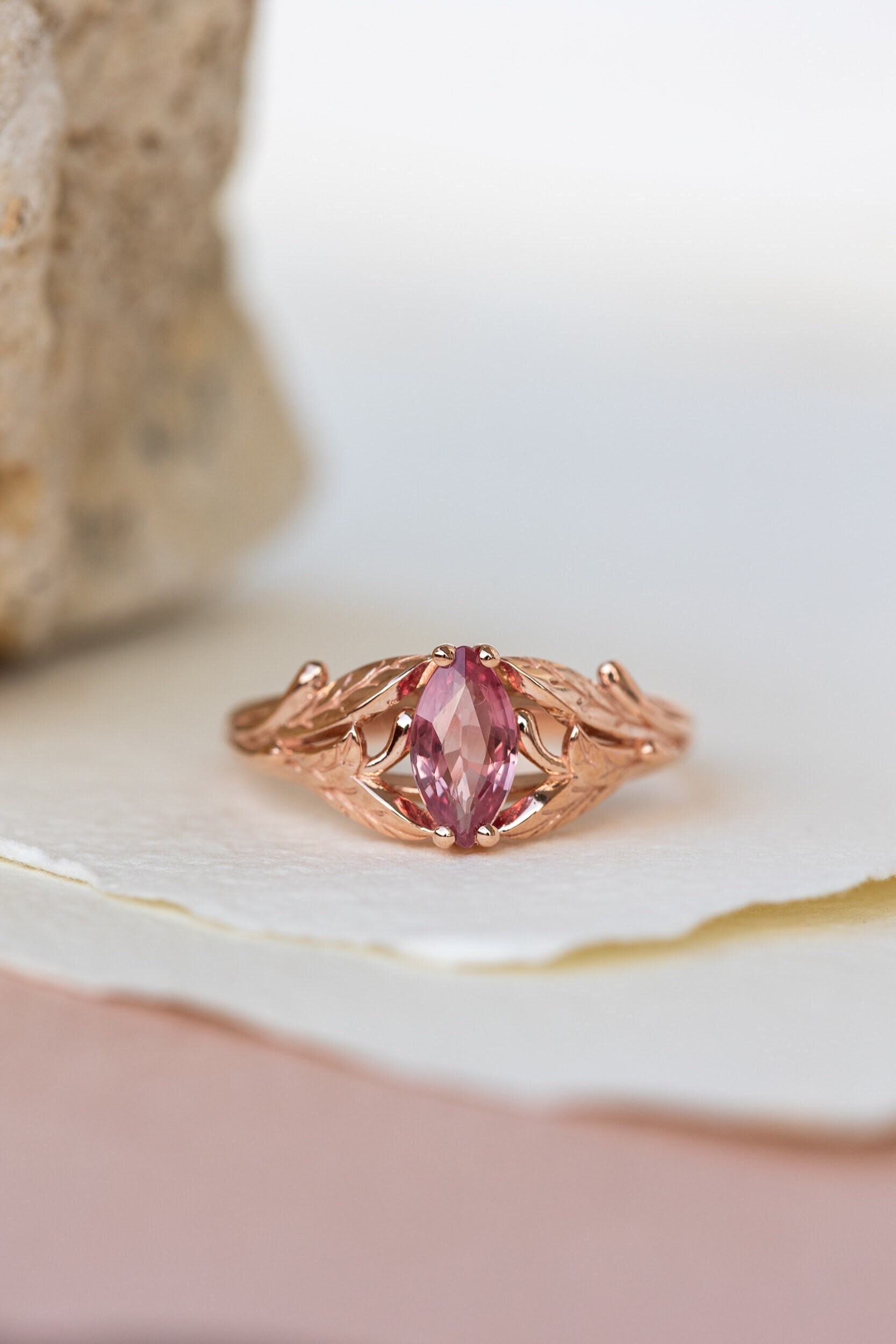 Pink Sapphire Engagement Ring, Gold Nature Inspired Ring