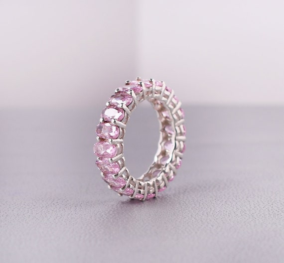 Pink Sapphire Full Eternity Ring, Sterling Silver, Oval Stone Pink Sapphire Full Eternity Ring, Sterling Silver, Oval Stone
