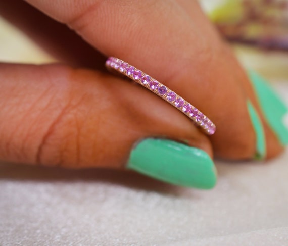 Pink Sapphire Half Eternity Ring Rose Gold Wedding Band Birthstone Silver Ring Bridal Jewelry