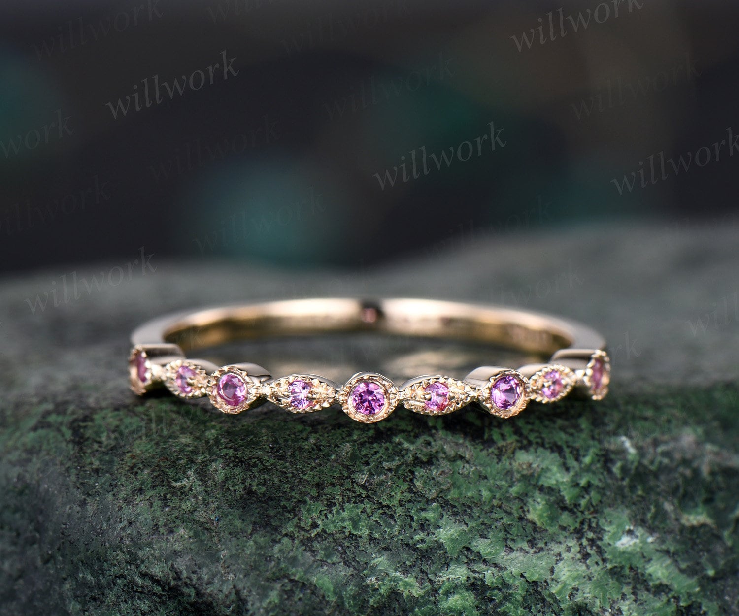 Milgrain Bezel Natural Pink Sapphire Wedding Band Solid 14k Yellow Gold Vintage Art Deco Half Eternity Dainty Wedding Ring Band Women Gift Milgrain Bezel Natural Pink Sapphire Wedding Band Solid 14k Yellow Gold Vintage Art Deco Half Eternity Dainty Wedding Ring Band Women Gift