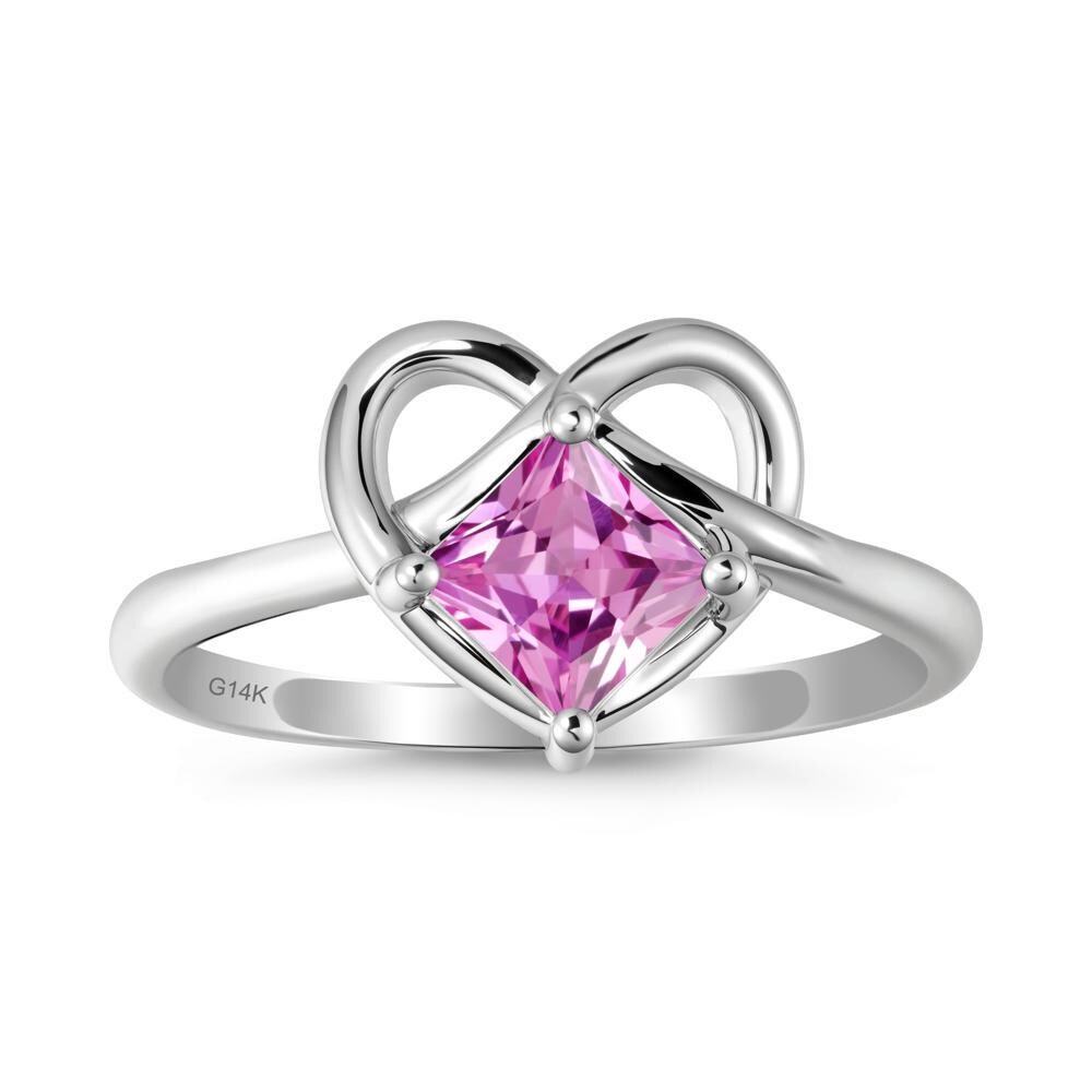 Natural Princess Cut Pink Sapphire Engagement Ring Silver Love Knot Ring