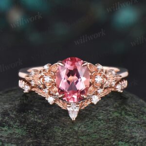 Oval Cut Papalacha Pink Sapphire Engagement Ring Set Leaf Floral Nature Inspired Diamond Wedding Bridal Ring Set Women Gift Jewelry Oval Cut Papalacha Pink Sapphire Engagement Ring Set Leaf Floral Nature Inspired Diamond Wedding Bridal Ring Set Women Gift Jewelry