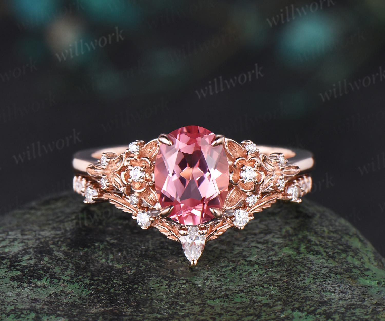Oval Cut Papalacha Pink Sapphire Engagement Ring Set Leaf Floral Nature Inspired Diamond Wedding Bridal Ring Set Women Gift Jewelry