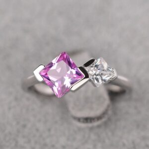 Princess Cut Pink Sapphire Statement Ring 14k White Gold 2 Stone Engagement Ring