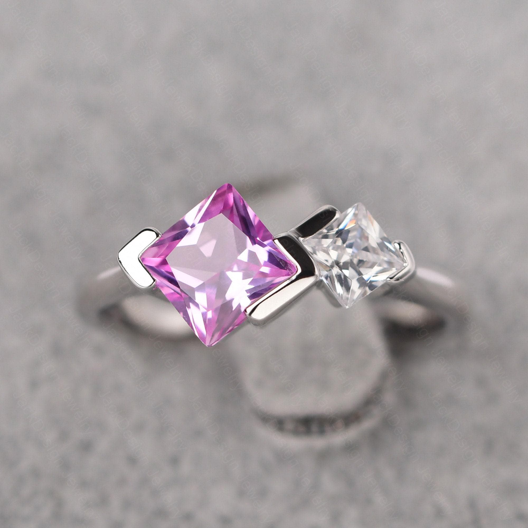 Princess Cut Pink Sapphire Statement Ring 14k White Gold 2 Stone Engagement Ring Princess Cut Pink Sapphire Statement Ring 14k White Gold 2 Stone Engagement Ring