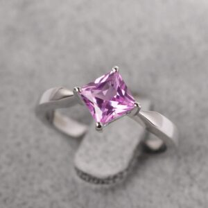 Princess Cut Pink Sapphire Engagement Ring Sterling Silver Kite Setting Solitaire Ring