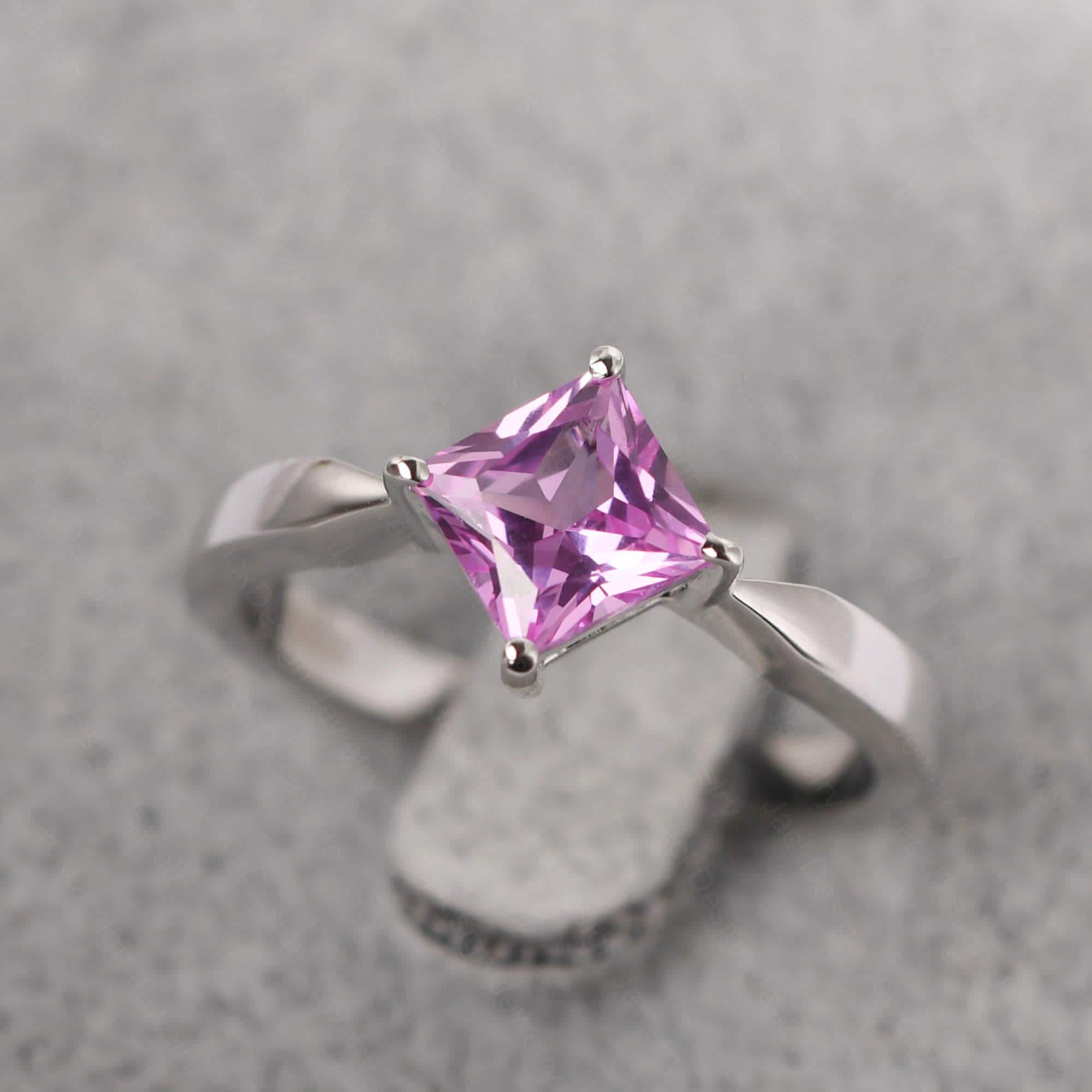 Princess Cut Pink Sapphire Engagement Ring Sterling Silver Kite Setting Solitaire Ring