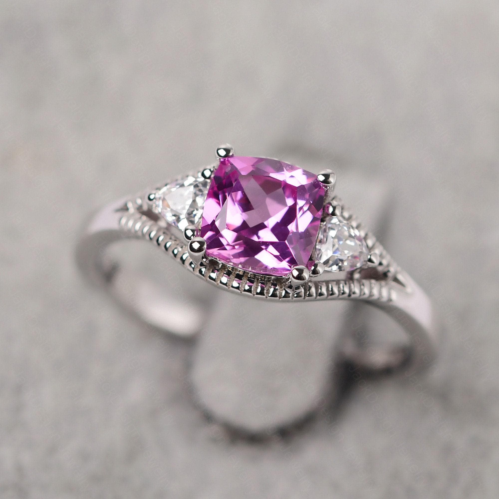 Pink Sapphire Promise Ring 14k White Gold Cushion Cut Pink Stone Vintage Wedding Ring