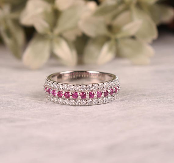 Pink Sapphire Rings, Half Eternity Wedding Band, Bridal Jewelry, Anniversary Gift, Birthstone Ring