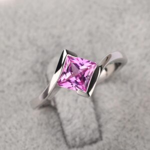 Simple Bypass Pink Sapphire Ring Silver Princess Cut 1.38 Carat Satement Ring Anniversary Gifts For Her