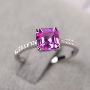 Unique Pink Sapphire Engagement Ring Solid Asscher Cut Hot Pink Stone Ring