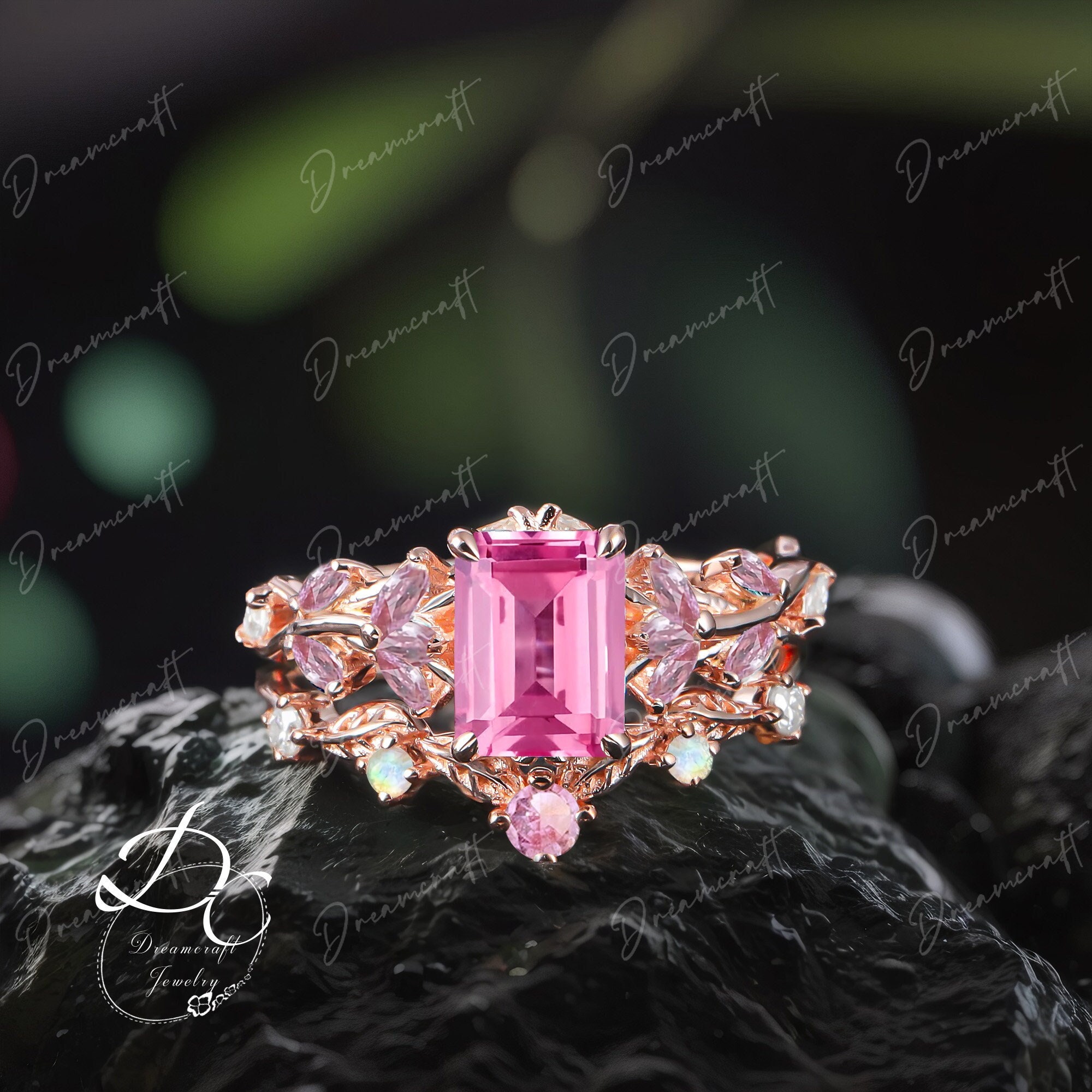 Vintage Emerald Cut Pink Sapphire Engagement Ring Sets Nature Inspired Cluster Promise Ring Rose Gold Art Deco Leaf Gemstone Branch Ring