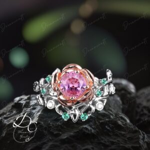 Vintage Pink Sapphire Engagement Ring Sets Women Flower Bridal Set Two Tone Gold Cluster Promise Ring Rose Gold Art Deco Gemstone Ring
