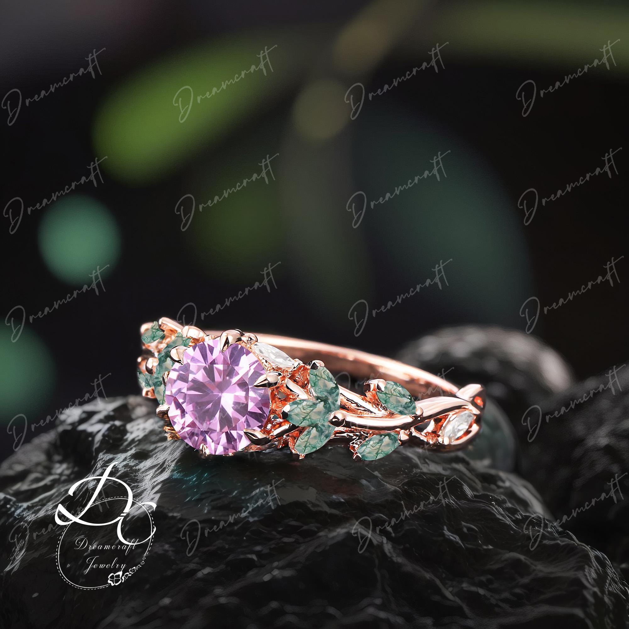 Vintage Pink Sapphire Engagement Ring Unique Cluster Promise Ring For Her Gold Art Deco Leaf Sep Birthstone Pink Gem Branch Nature Inspired