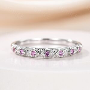 Vintage Pink Sapphire Filigree Wedding Band: Art Deco Silver Anniversary