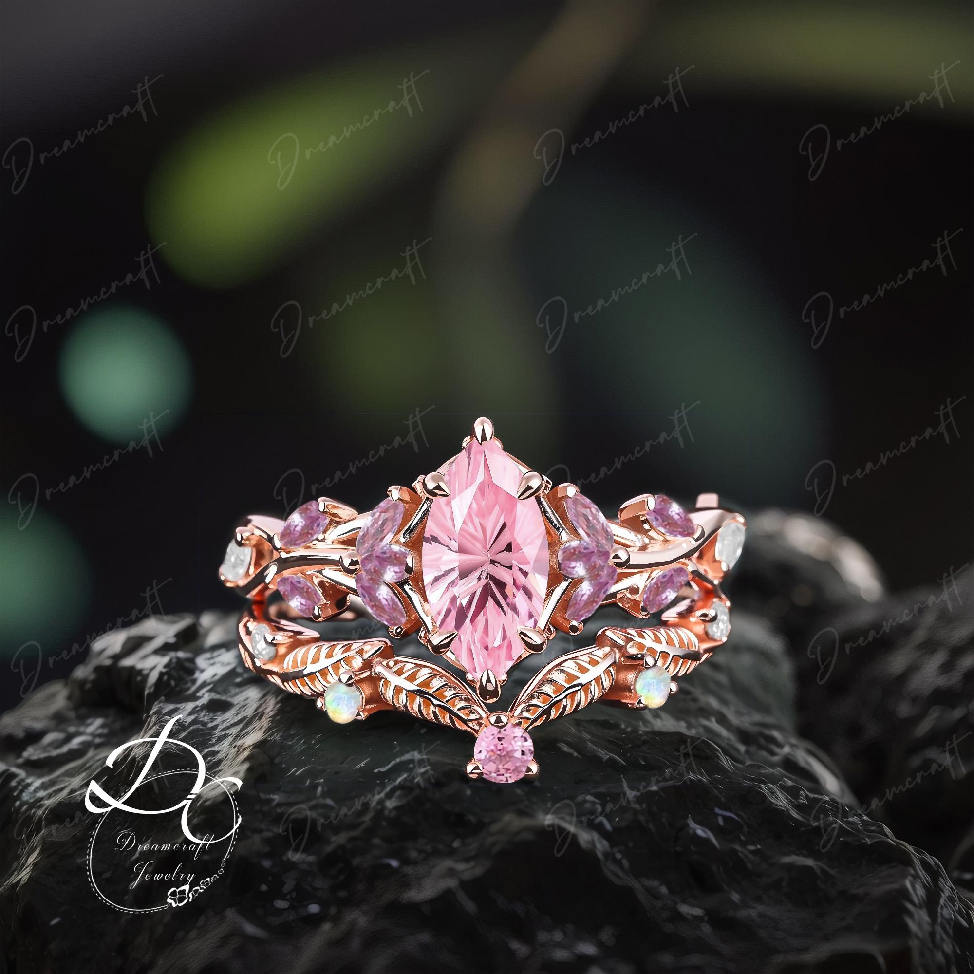 Vintage Firework Marquise Cut Pink Sapphire Engagement Ring Sets Nature Inspired Cluster Promise Ring Rose Gold Art Deco Leaf Gemstone Ring