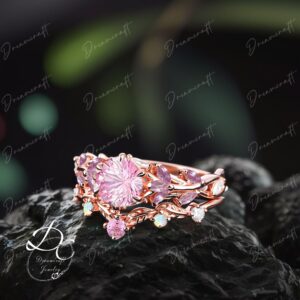 Vintage Firework Cut Pink Sapphire Engagement Ring Sets Nature Inspired Cluster Promise Ring Rose Gold Art Deco Leaf Gemstone Branch Ring