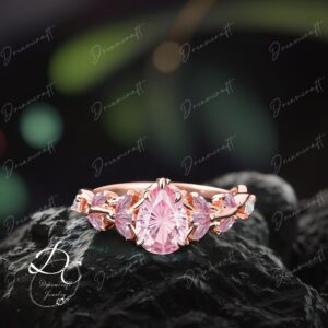 Vintage Firework Pear Shaped Pink Sapphire Engagement Ring Nature Inspired Cluster Promise Ring Rose Gold Art Deco Leaf Gemstone Ring Vintage Firework Pear Shaped Pink Sapphire Engagement Ring Nature Inspired Cluster Promise Ring Rose Gold Art Deco Leaf Gemstone Ring