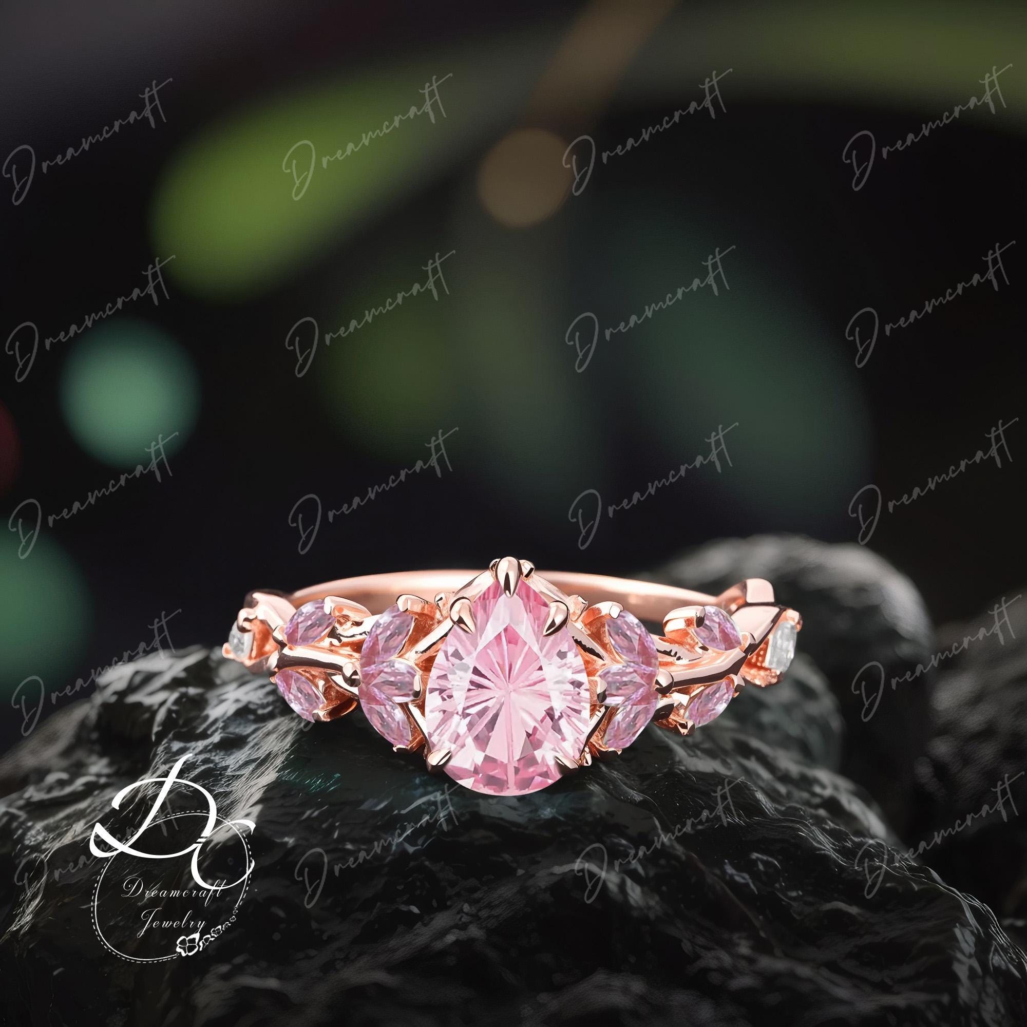 Vintage Firework Pear Shaped Pink Sapphire Engagement Ring Nature Inspired Cluster Promise Ring Rose Gold Art Deco Leaf Gemstone Ring