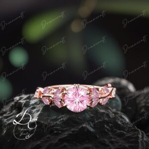 Vintage Firework Cut Pink Sapphire Engagement Ring Nature Inspired Cluster Promise Ring Rose Gold Art Deco Leaf Gemstone Branch Ring Gifts Vintage Firework Cut Pink Sapphire Engagement Ring Nature Inspired Cluster Promise Ring Rose Gold Art Deco Leaf Gemstone Branch Ring Gifts