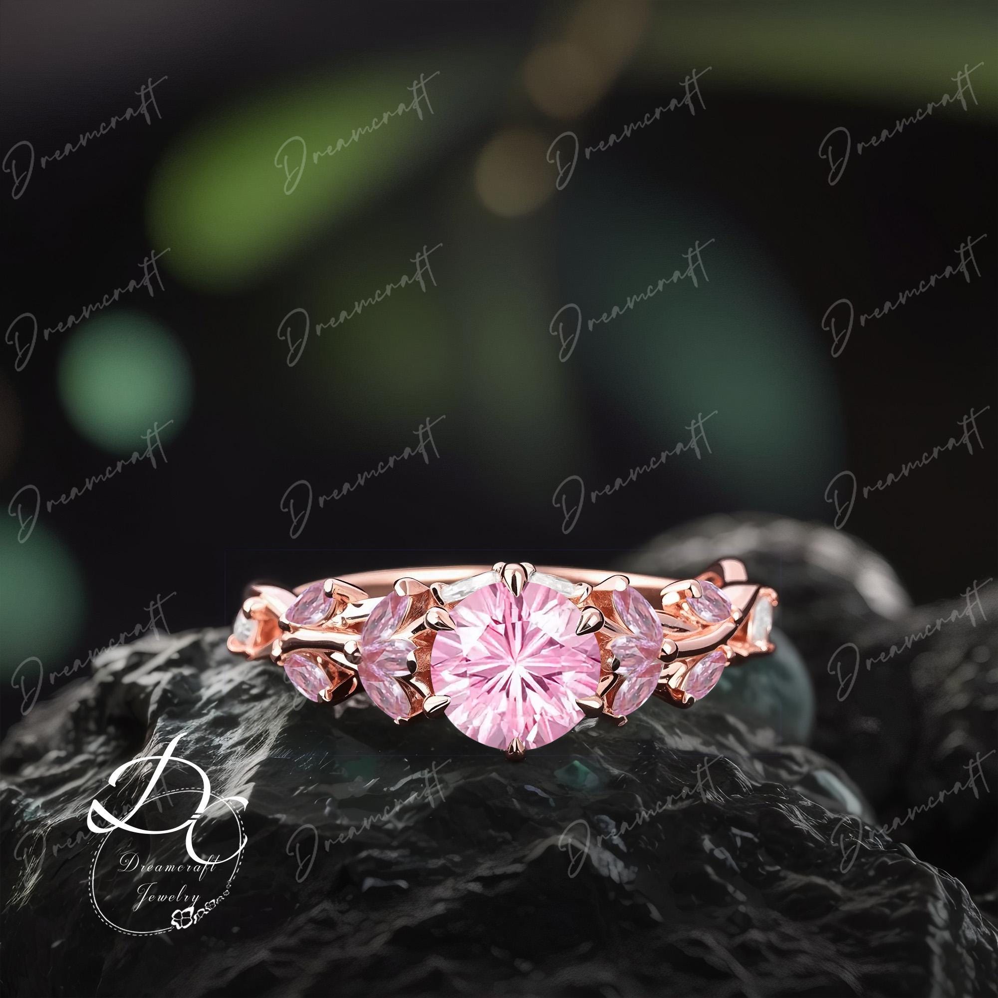 Vintage Firework Cut Pink Sapphire Engagement Ring Nature Inspired Cluster Promise Ring Rose Gold Art Deco Leaf Gemstone Branch Ring Gifts