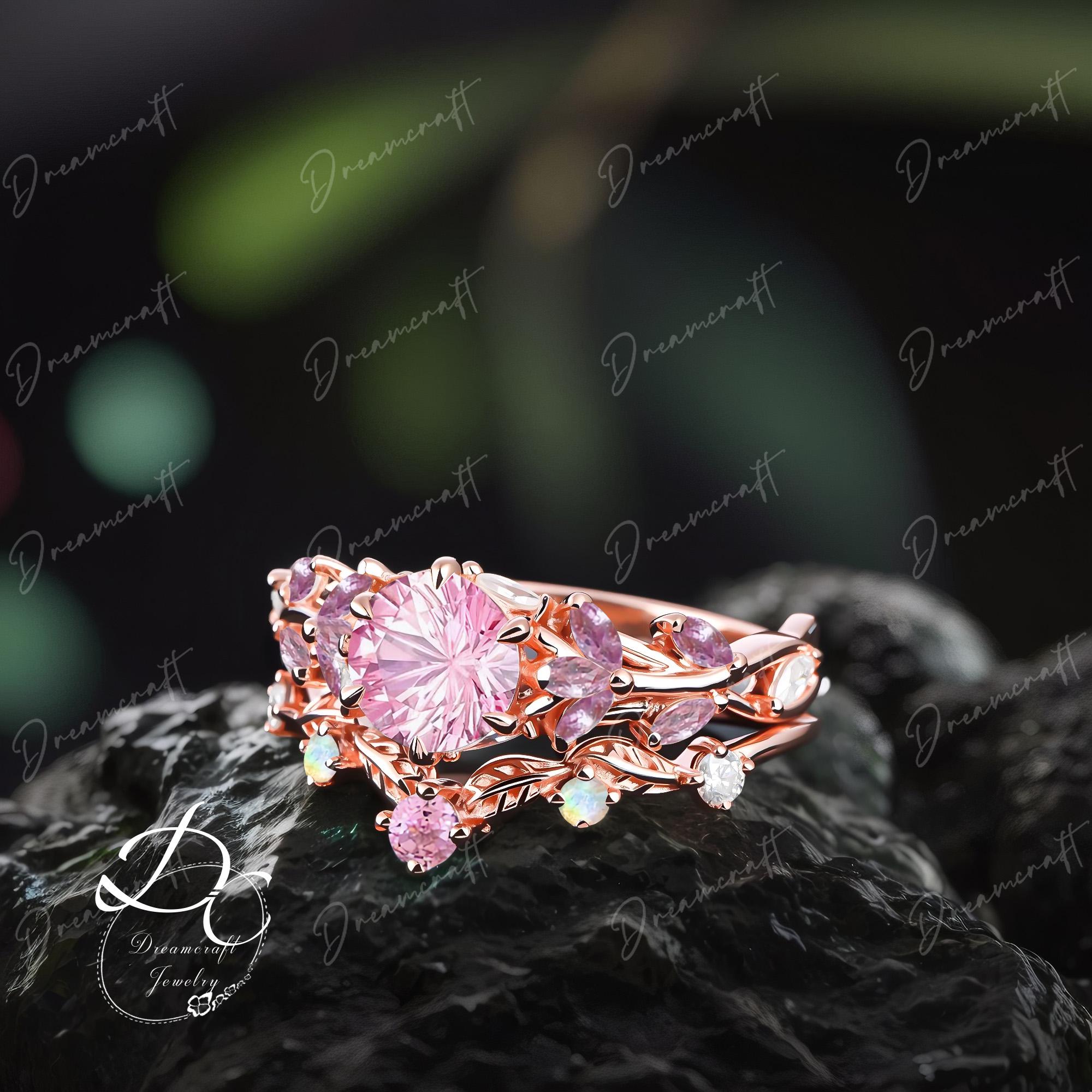 Vintage Firework Cut Pink Sapphire Engagement Ring Sets Nature Inspired Cluster Promise Ring Rose Gold Art Deco Leaf Gemstone Branch Ring Vintage Firework Cut Pink Sapphire Engagement Ring Sets Nature Inspired Cluster Promise Ring Rose Gold Art Deco Leaf Gemstone Branch Ring