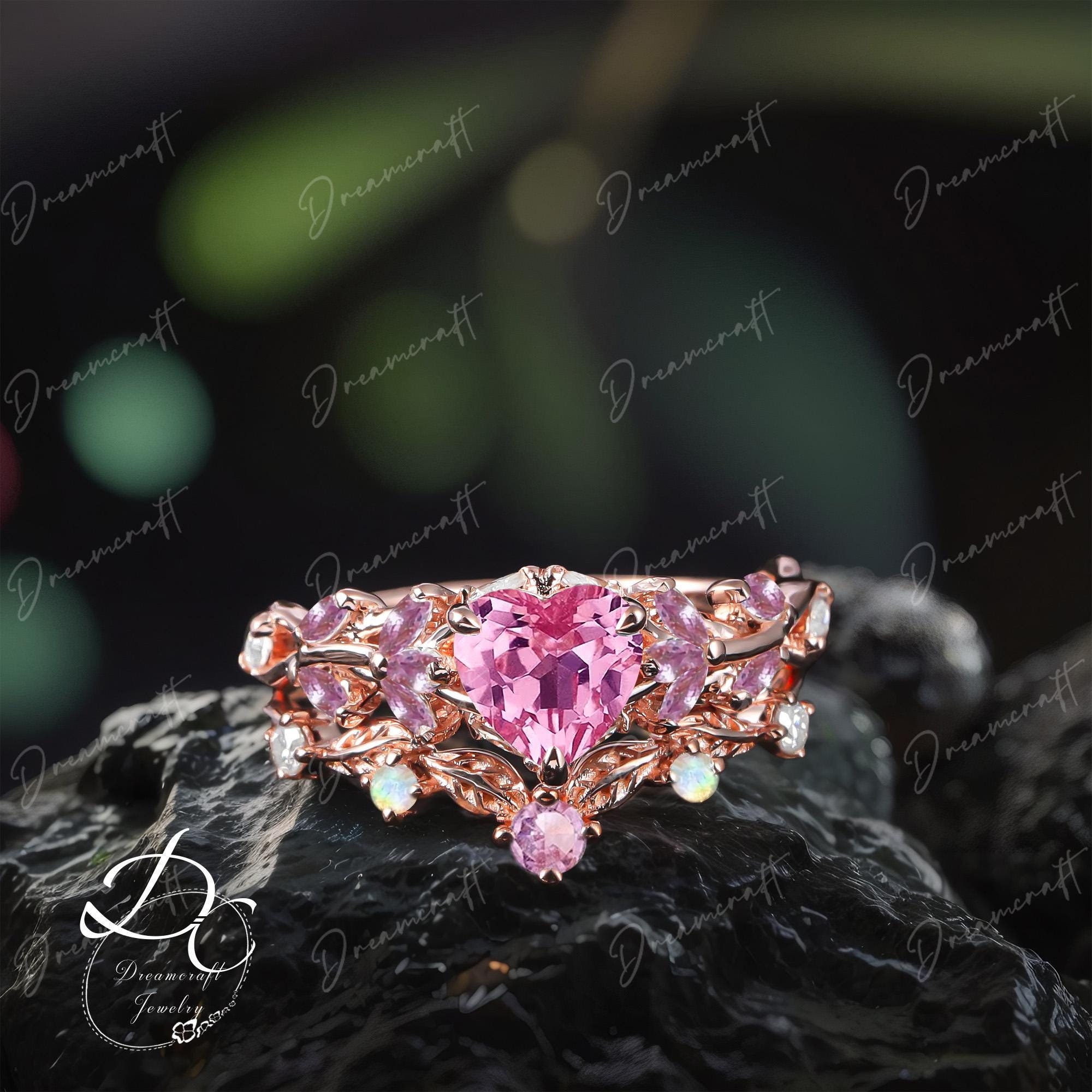 Vintage Heart Cut Pink Sapphire Engagement Ring Sets Nature Inspired Cluster Promise Ring Rose Gold Art Deco Leaf Pink Gemstone Branch Ring Vintage Heart Cut Pink Sapphire Engagement Ring Sets Nature Inspired Cluster Promise Ring Rose Gold Art Deco Leaf Pink Gemstone Branch Ring