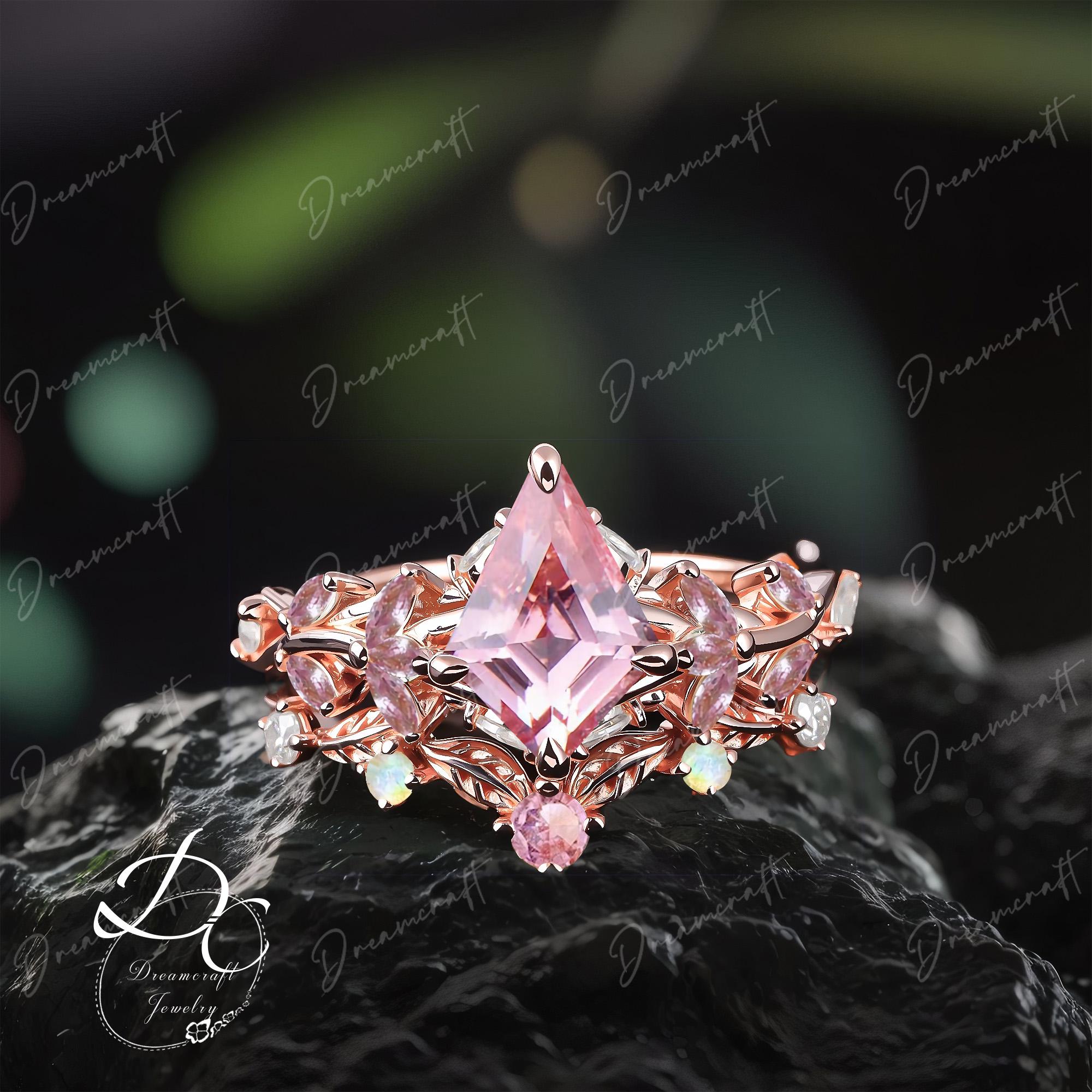 Vintage Kite Cut Pink Sapphire Engagement Ring Sets Nature Inspired Cluster Promise Ring Rose Gold Art Deco Leaf Pink Gemstone Branch Ring Vintage Kite Cut Pink Sapphire Engagement Ring Sets Nature Inspired Cluster Promise Ring Rose Gold Art Deco Leaf Pink Gemstone Branch Ring