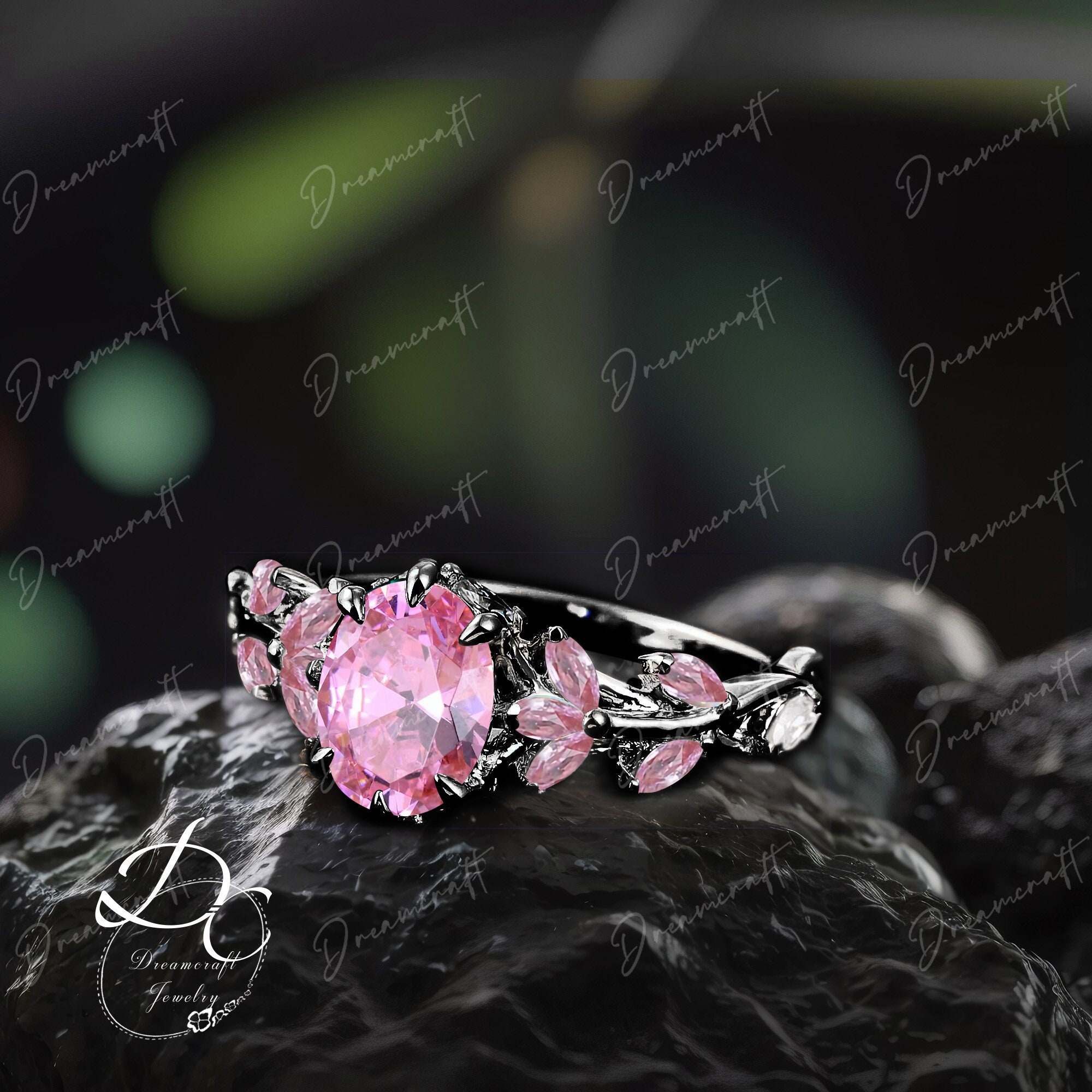 Vintage Oval Pink Sapphire Engagement Ring Nature Inspired Cluster Promise Ring Black Gold Art Deco Leaf  Pink Gemstone Branch Ring Women