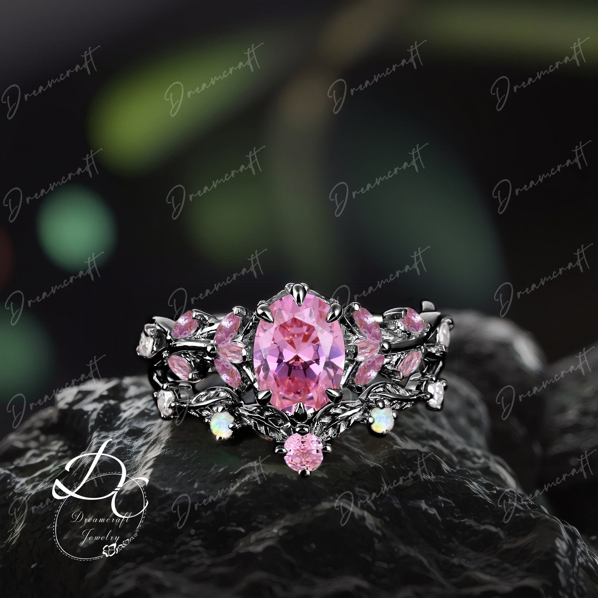 Vintage Oval Pink Sapphire Engagement Ring Set Nature Inspired Cluster Promise Ring Black Gold Art Deco Leaf Pink Gemstone Branch Ring